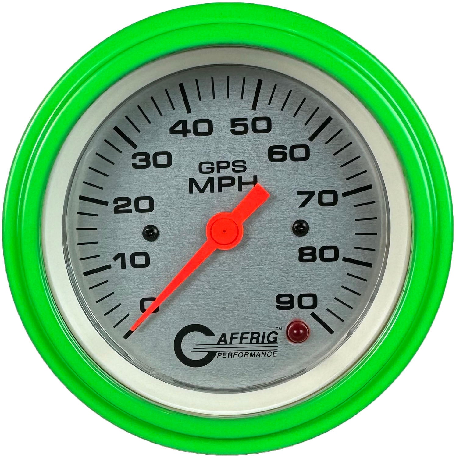 GAFFRIG PART #4553 3 3/8 INCH GPS ANALOG 90 MPH SPEEDOMETER GAUGE HEAD ONLY PLATINUM LIME GREEN / STEP RIM