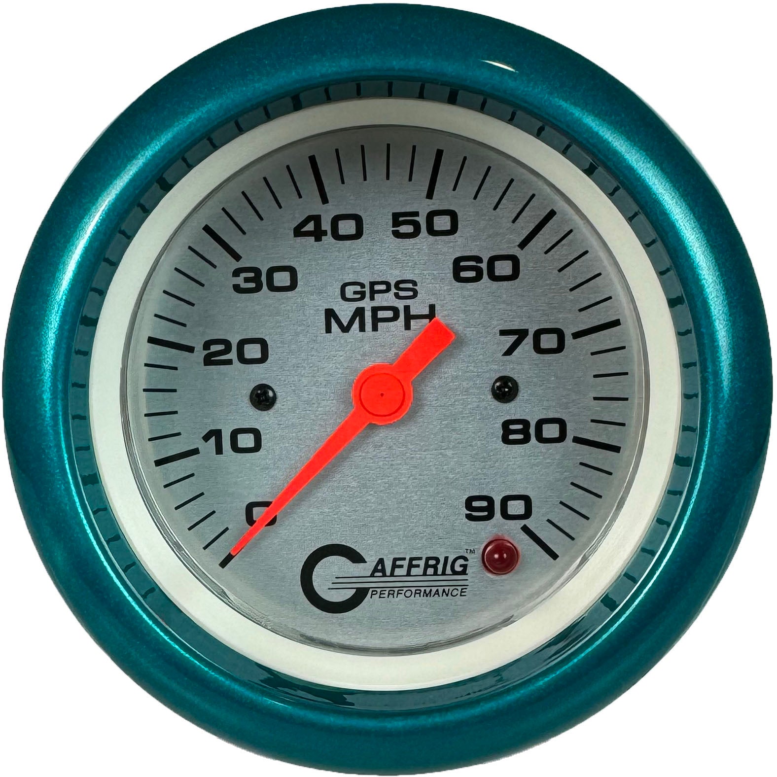 GAFFRIG PART #4553 3 3/8 INCH GPS ANALOG 90 MPH SPEEDOMETER GAUGE HEAD ONLY PLATINUM TEAL / STEP RIM