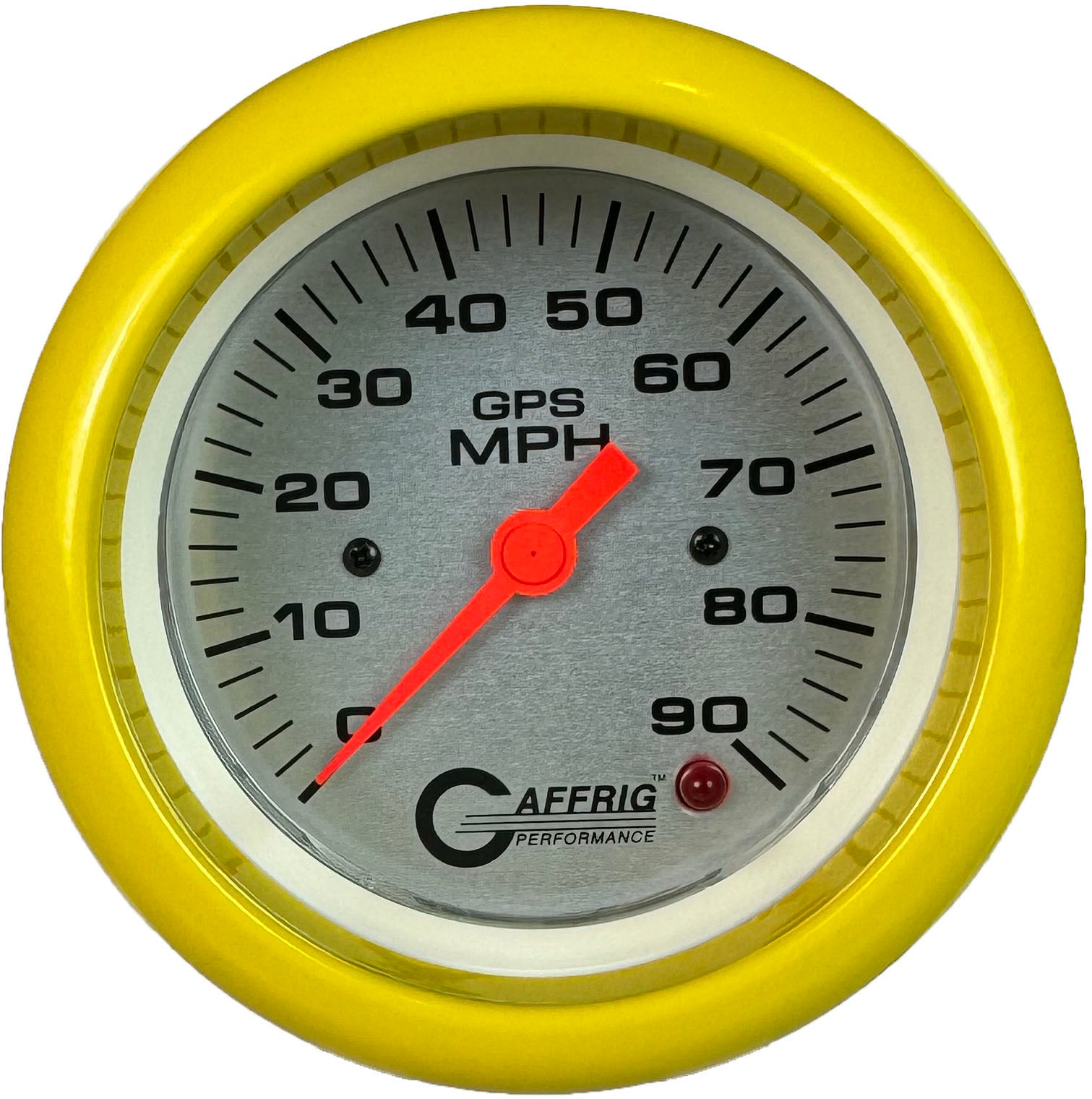 GAFFRIG PART #4553 3 3/8 INCH GPS ANALOG 90 MPH SPEEDOMETER GAUGE HEAD ONLY PLATINUM YELLOW / STEP RIM