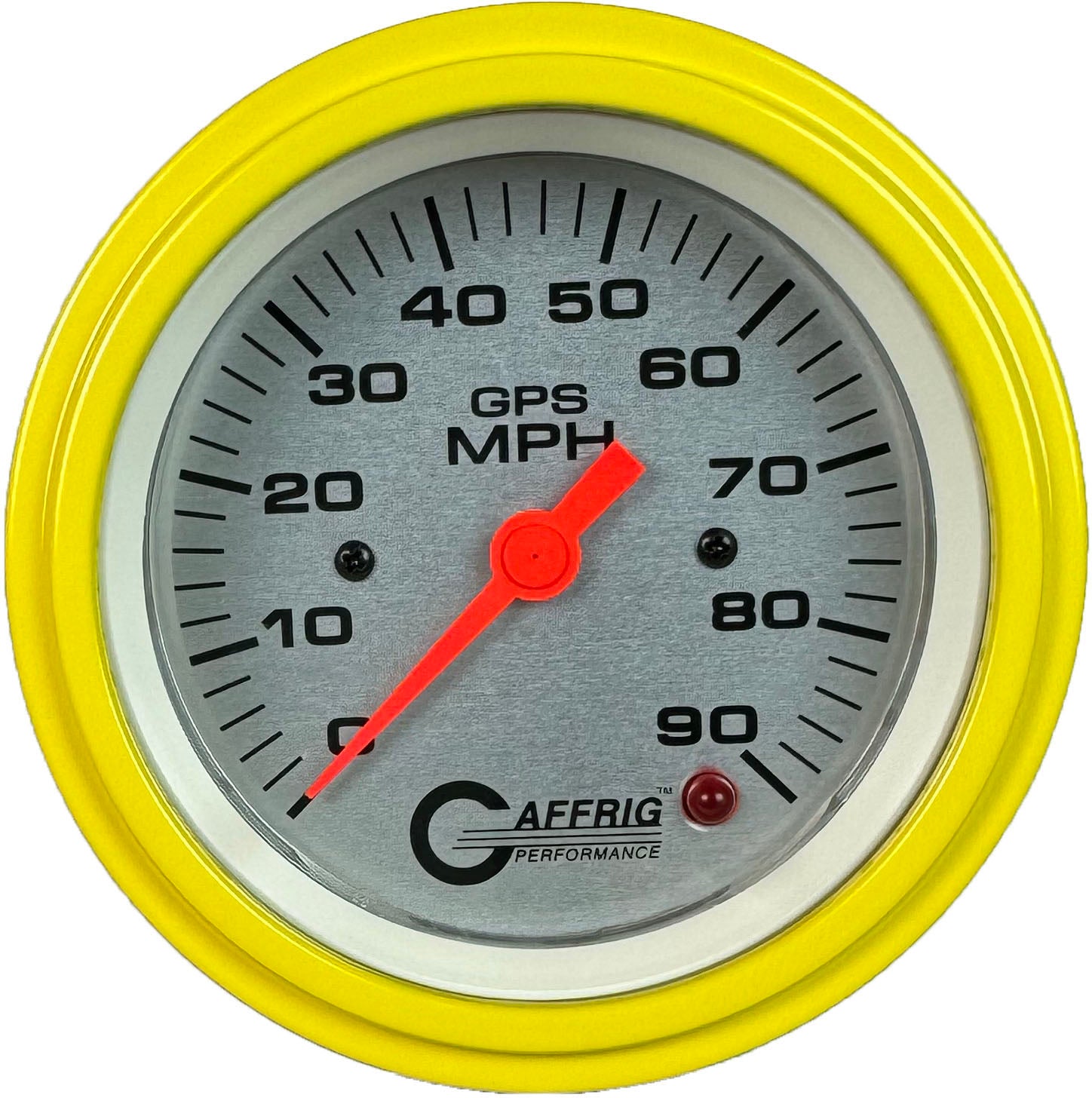 GAFFRIG PART #4553 3 3/8 INCH GPS ANALOG 90 MPH SPEEDOMETER GAUGE HEAD ONLY PLATINUM YELLOW / STEP RIM