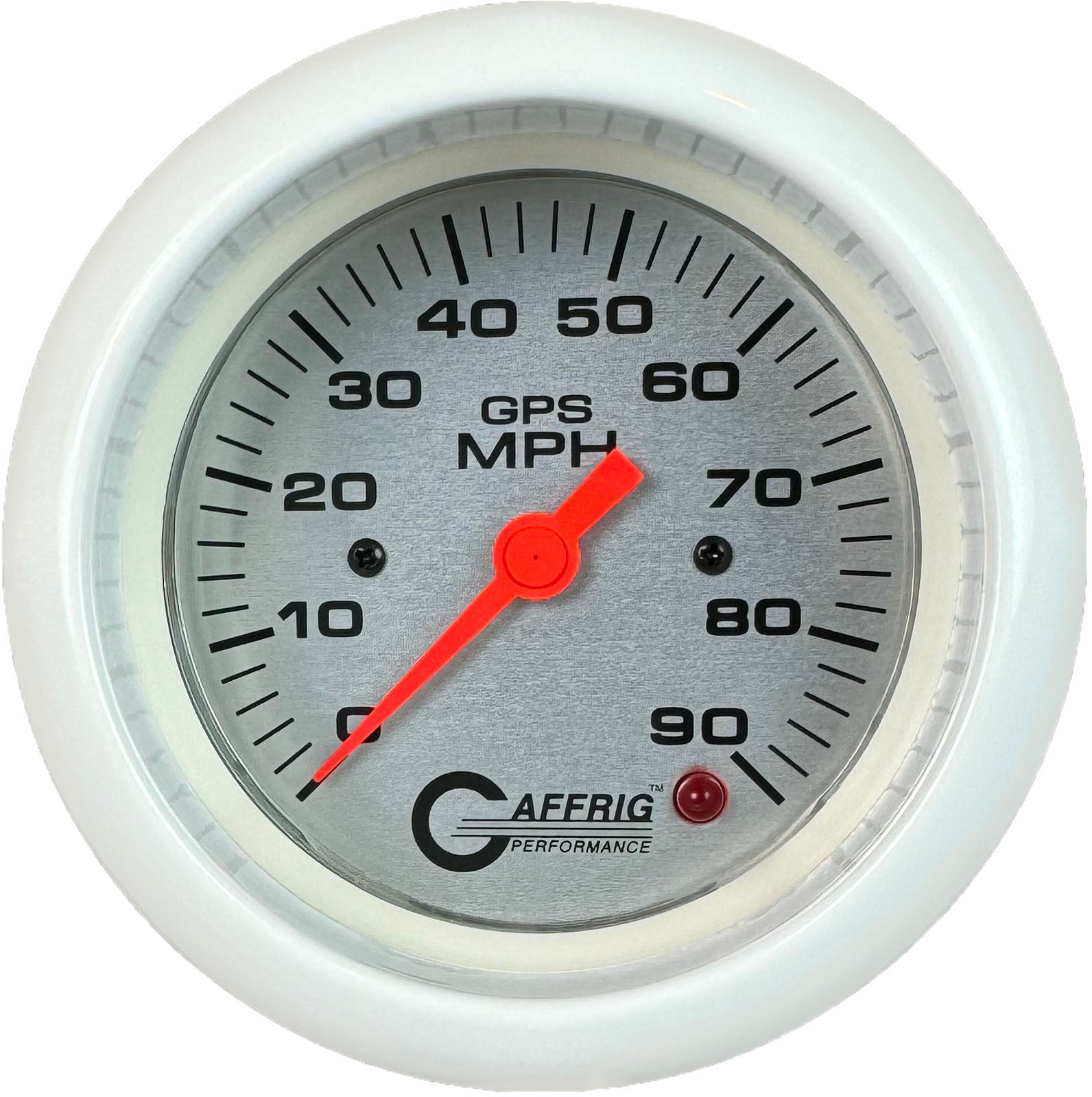 GAFFRIG PART #4553 3 3/8 INCH GPS ANALOG 90 MPH SPEEDOMETER GAUGE HEAD ONLY PLATINUM WHITE / STEP RIM