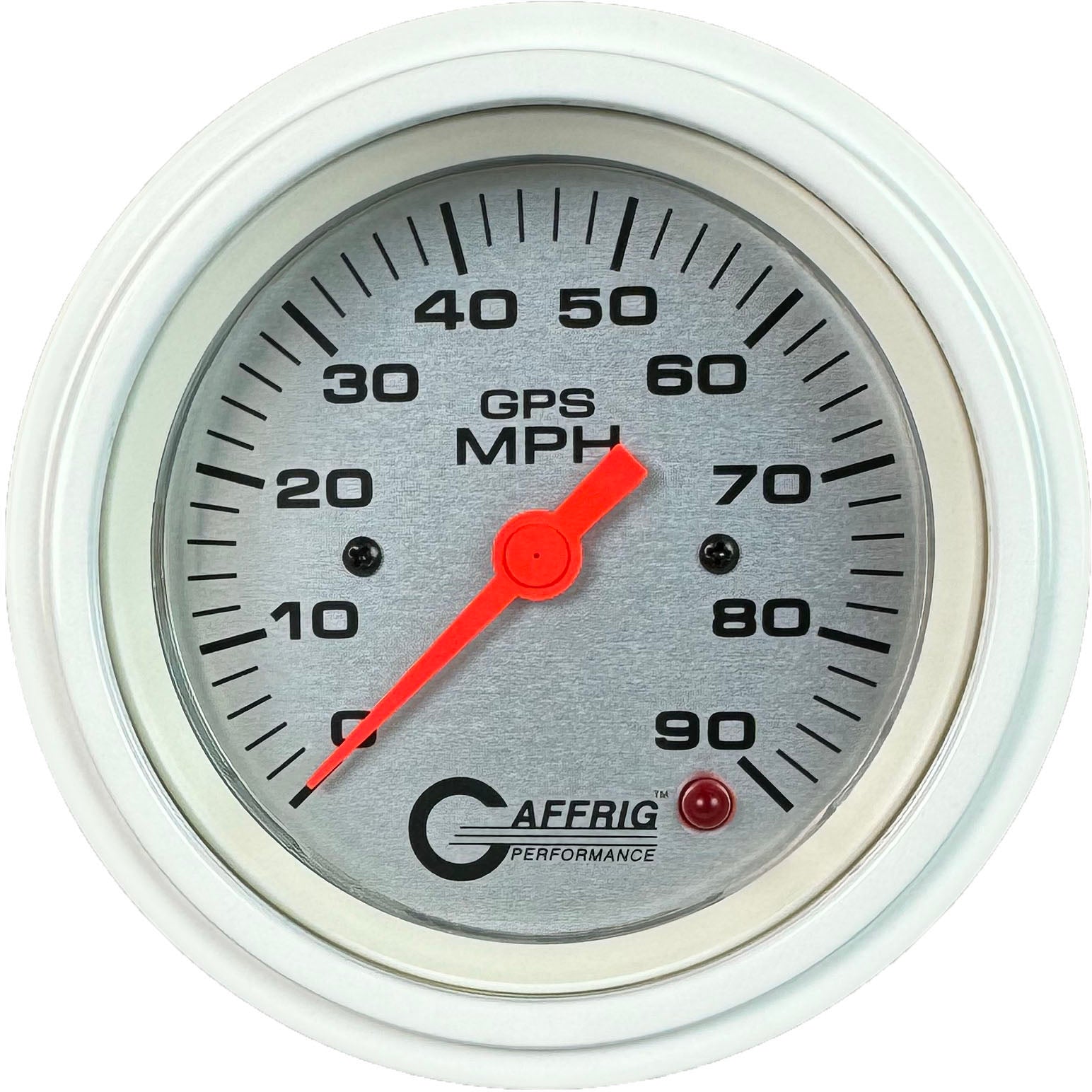 GAFFRIG PART #4553 3 3/8 INCH GPS ANALOG 90 MPH SPEEDOMETER GAUGE HEAD ONLY PLATINUM WHITE / STEP RIM