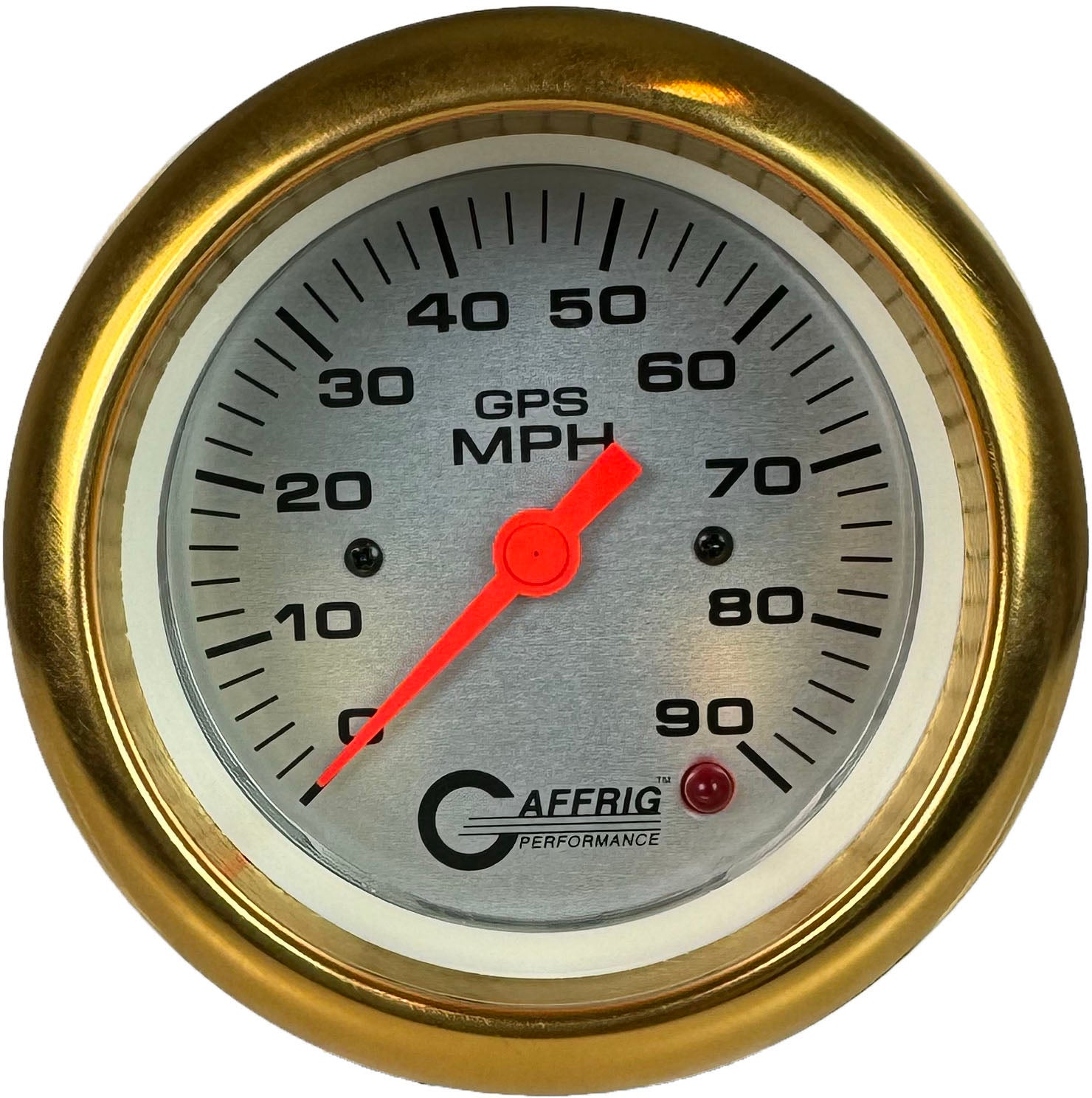 GAFFRIG PART #4553 3 3/8 INCH GPS ANALOG 90 MPH SPEEDOMETER GAUGE HEAD ONLY PLATINUM GOLD / STEP RIM