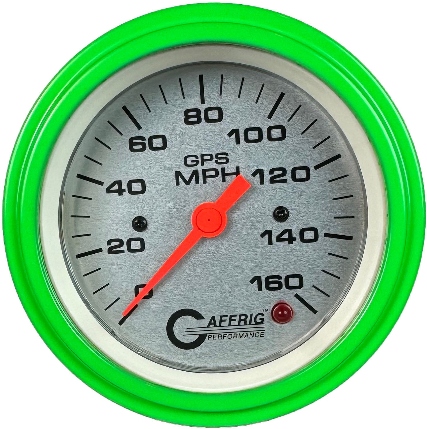GAFFRIG PART #4557 3 3/8 INCH GPS ANALOG 160 MPH SPEEDOMETER GAUGE HEAD ONLY PLATINUM LIME GREEN / STEP RIM