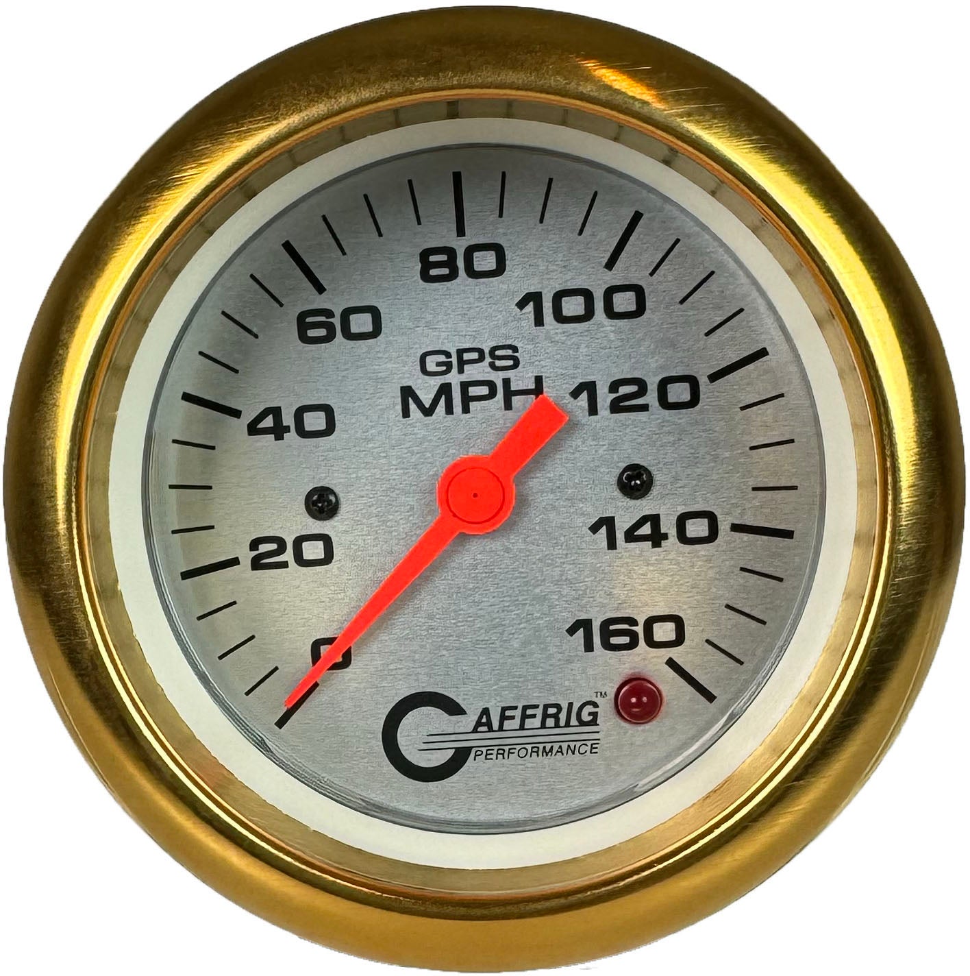 GAFFRIG PART #4557 3 3/8 INCH GPS ANALOG 160 MPH SPEEDOMETER GAUGE HEAD ONLY PLATINUM GOLD / STEP RIM