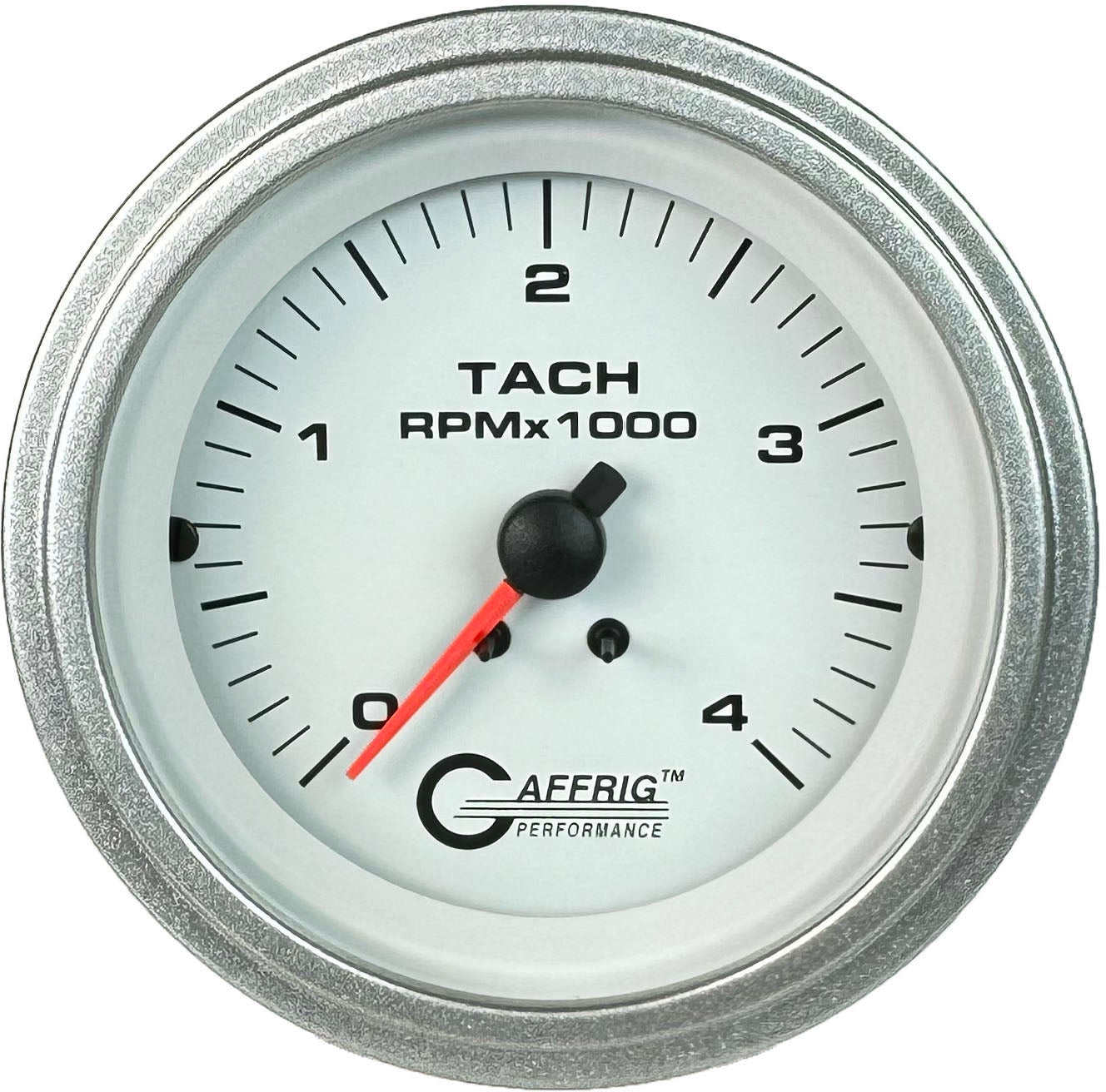 GAFFRIG PART #4762 3 3/8 INCH ELECTRIC TACHOMETER GAUGE 0-4000 RPM DIESEL ALTERNATOR 3-21P WHITE PLATINUM / STEP RIM