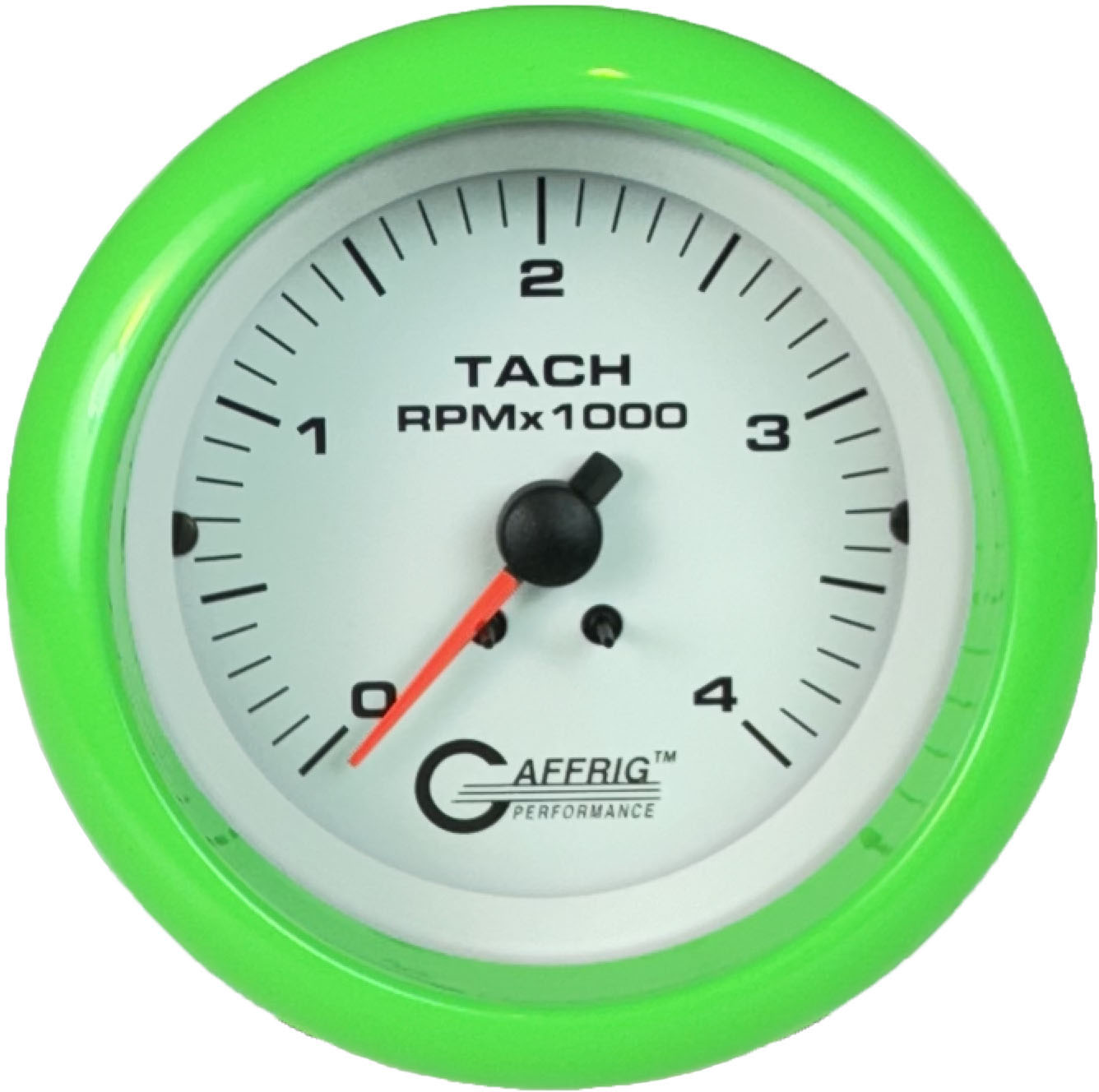 GAFFRIG PART #4762 3 3/8 INCH ELECTRIC TACHOMETER GAUGE 0-4000 RPM DIESEL ALTERNATOR 3-21P WHITE LIME GREEN / STEP RIM