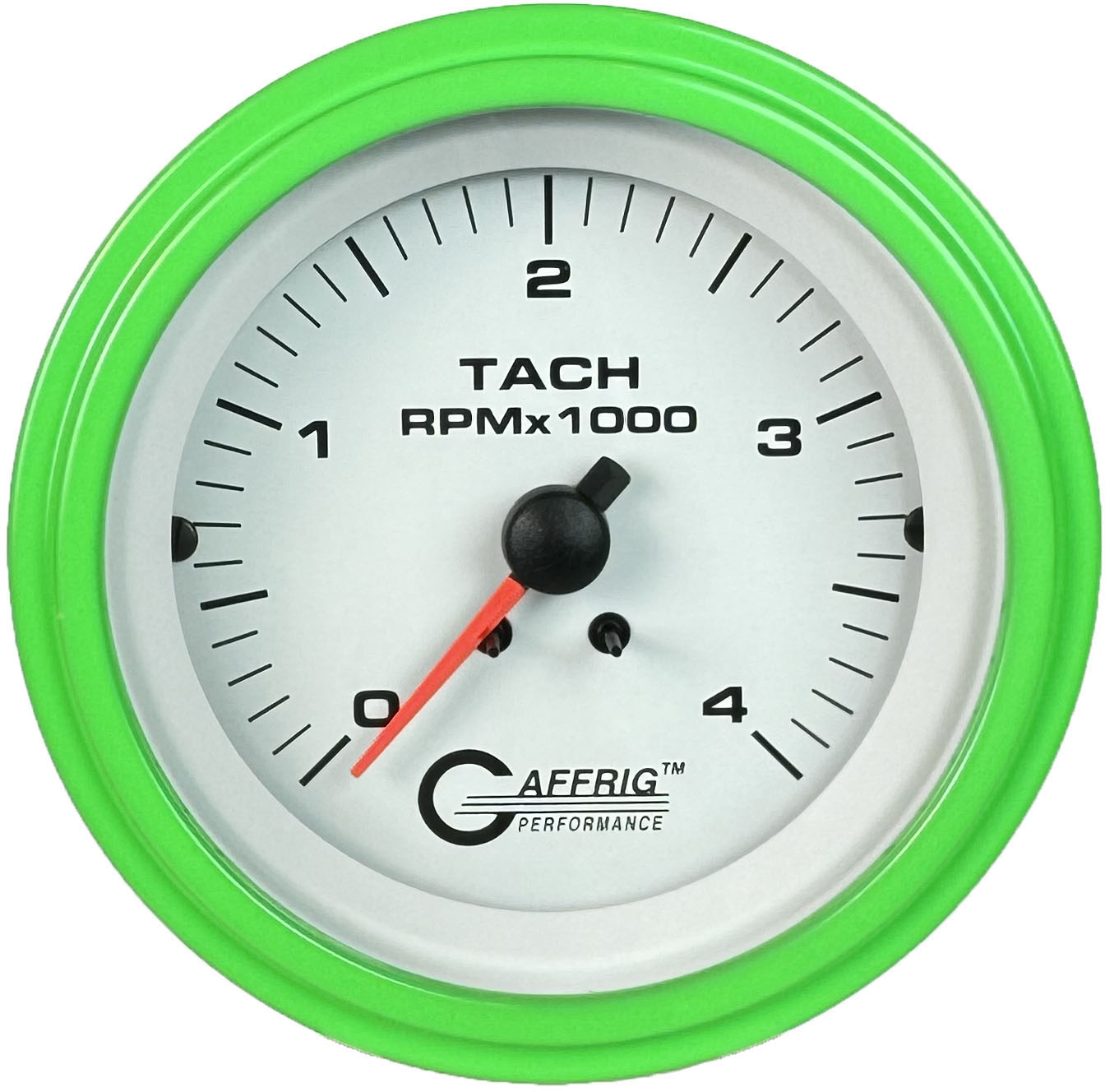 GAFFRIG PART #4762 3 3/8 INCH ELECTRIC TACHOMETER GAUGE 0-4000 RPM DIESEL ALTERNATOR 3-21P WHITE LIME GREEN / STEP RIM