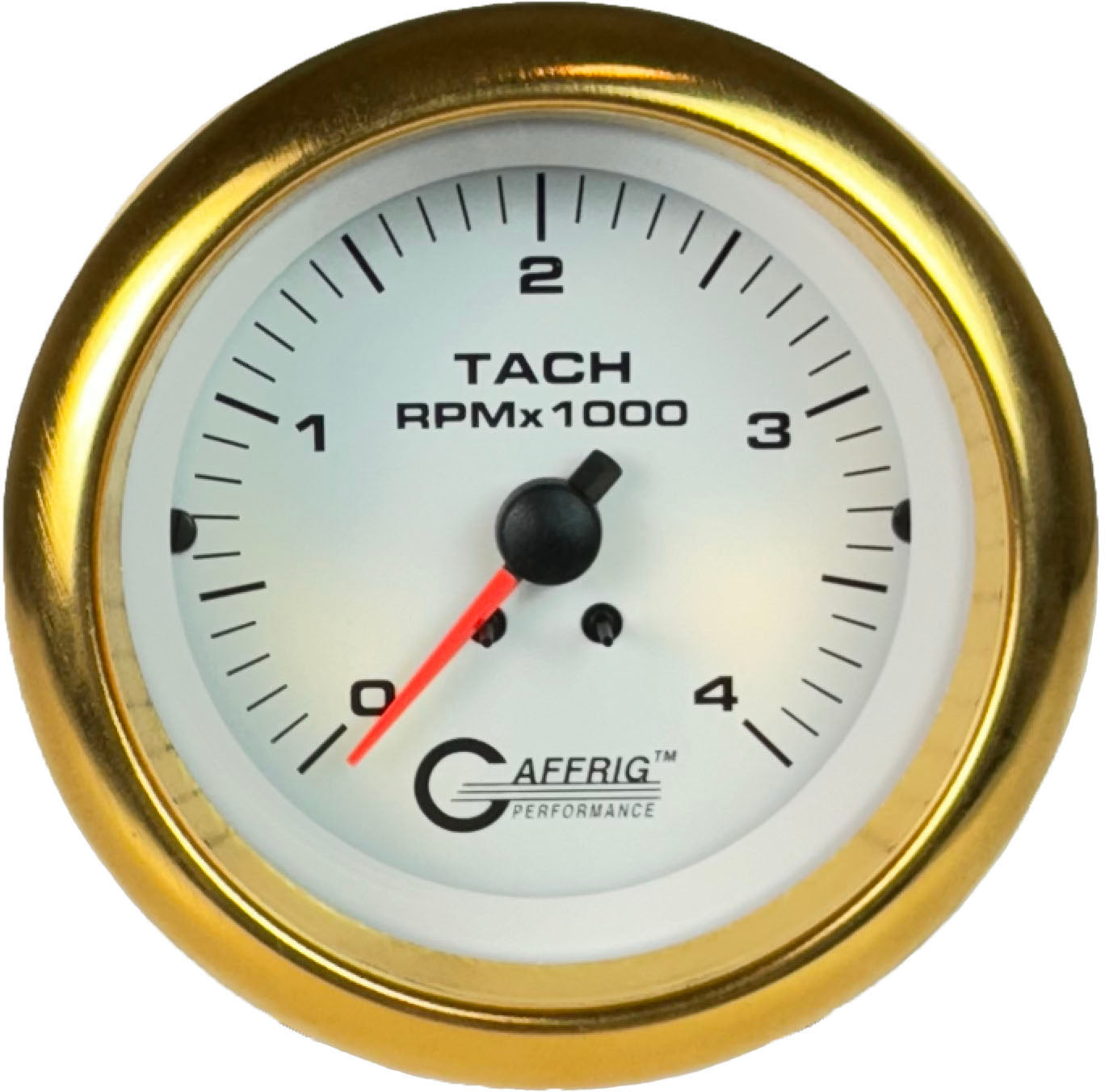 GAFFRIG PART #4762 3 3/8 INCH ELECTRIC TACHOMETER GAUGE 0-4000 RPM DIESEL ALTERNATOR 3-21P WHITE GOLD / STEP RIM