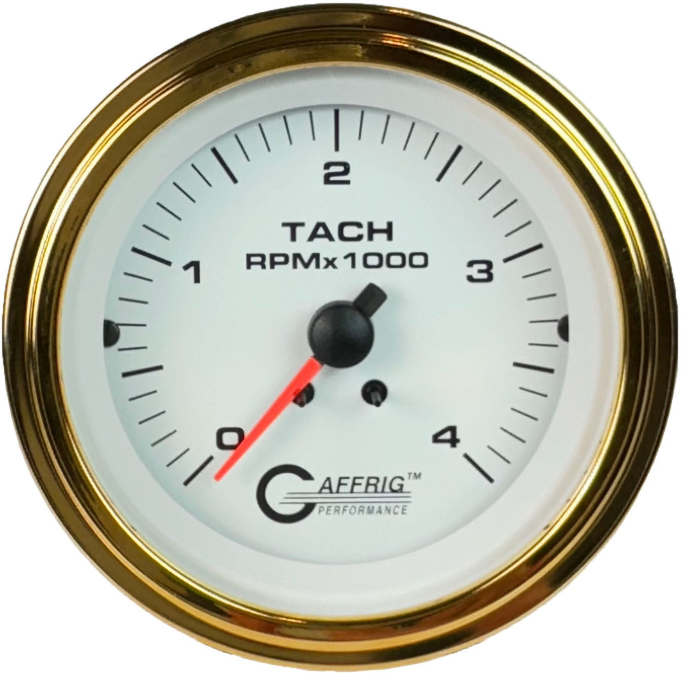 GAFFRIG PART #4762 3 3/8 INCH ELECTRIC TACHOMETER GAUGE 0-4000 RPM DIESEL ALTERNATOR 3-21P WHITE GOLD / STEP RIM