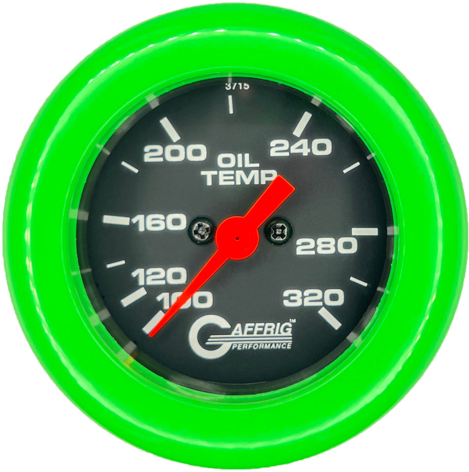 GAFFRIG PART #5022 2 INCH ELECTRIC OIL TEMP. GAUGE 100-320 F BLACK LIME GREEN / STEP RIM