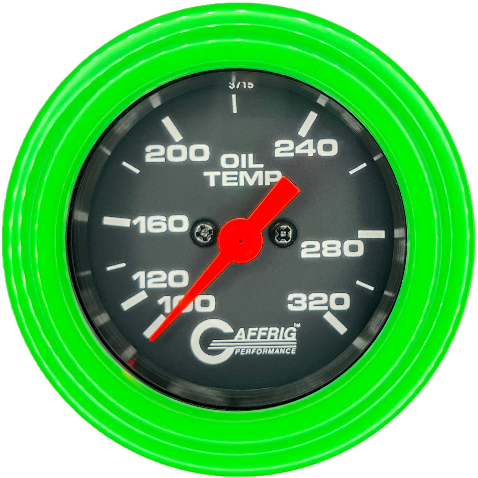 GAFFRIG PART #5022 2 INCH ELECTRIC OIL TEMP. GAUGE 100-320 F BLACK LIME GREEN / STEP RIM