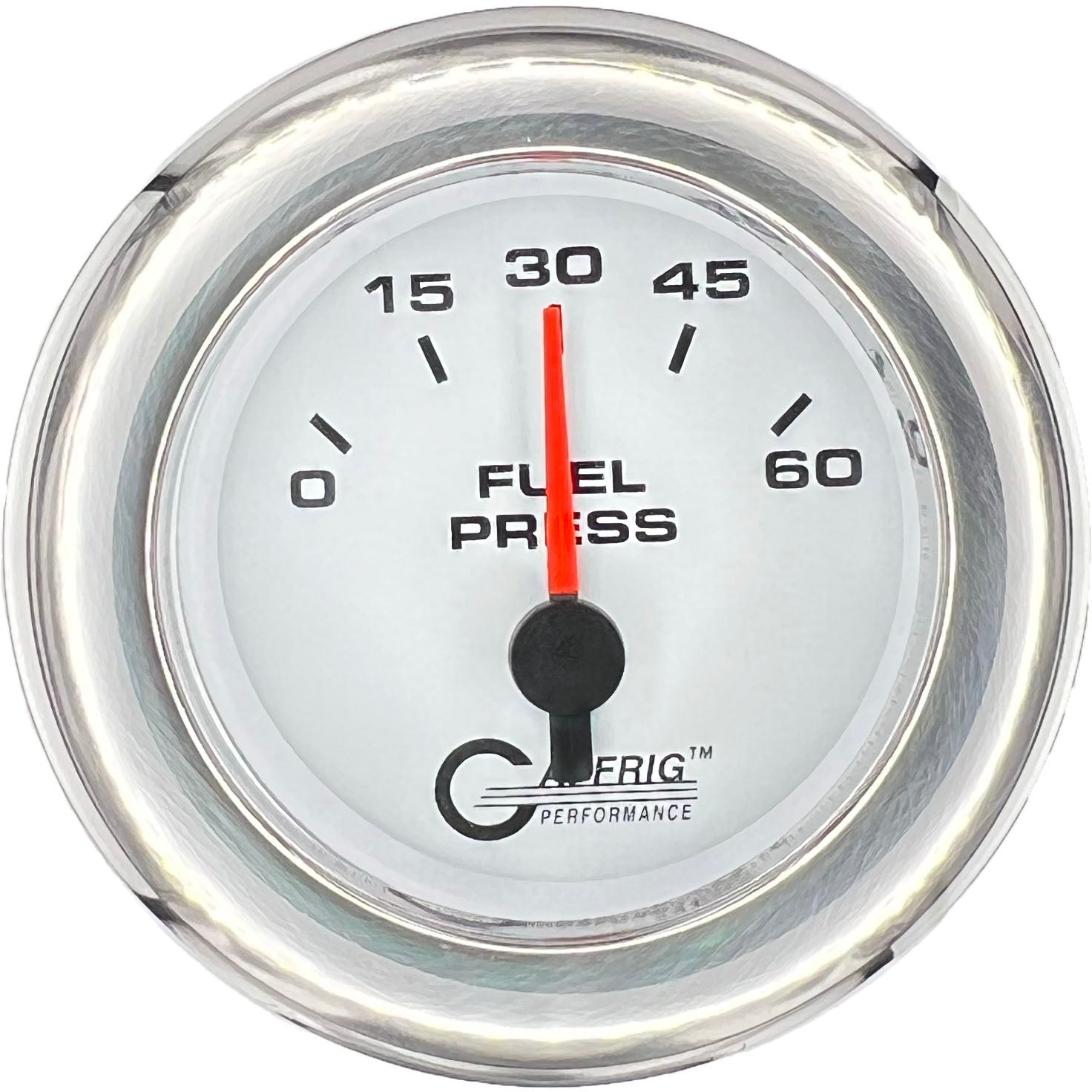GAFFRIG PART #5508 2 INCH ELECTRIC FUEL PRESS. GAUGE 0-60 PSI WHITE CHROME / STEP RIM