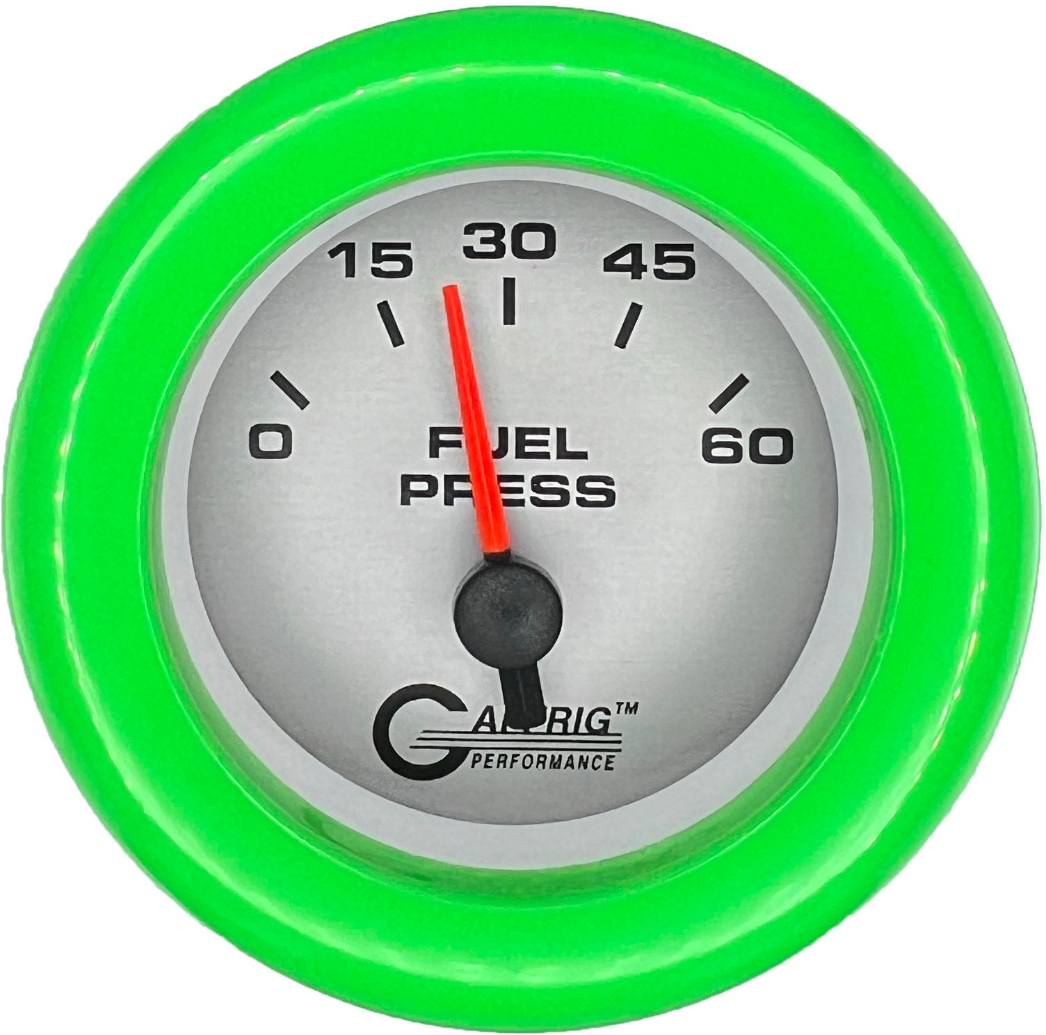 GAFFRIG PART #5808 2 INCH ELECTRIC FUEL PRESS. GAUGE 0-60 PSI PLATINUM LIME GREEN / STEP RIM