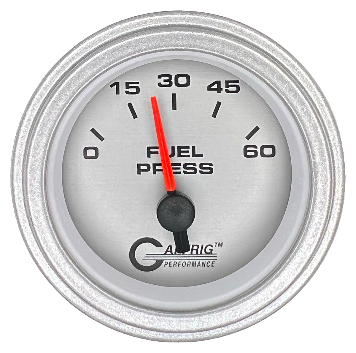 A Gaffrig Performance 2 inch electric fuel pressure gauge with a platinum dial indicating 0-60 PSI and a red pointer.